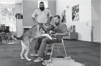  ?? Dog Chow ?? Animal Rescue Foundation trainer Danny Kimbrall, seated, guides Brandon Gray of Houston through training and rewarding Maximus in ARF’s Pets and Vets program. Purina Dog Chow is supporting ARF through its Service Dog Salute campaign.