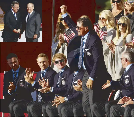  ?? AP ?? United States’ Phil Mickelson is introduced during the opening ceremony for the Ryder Cup golf tournament where Jack Nicklaus and Tony Jacklin (inset) pay tribute to the late golf legend Arnold Palmer at Hazeltine National Golf Club in Chaska, Minnesota.