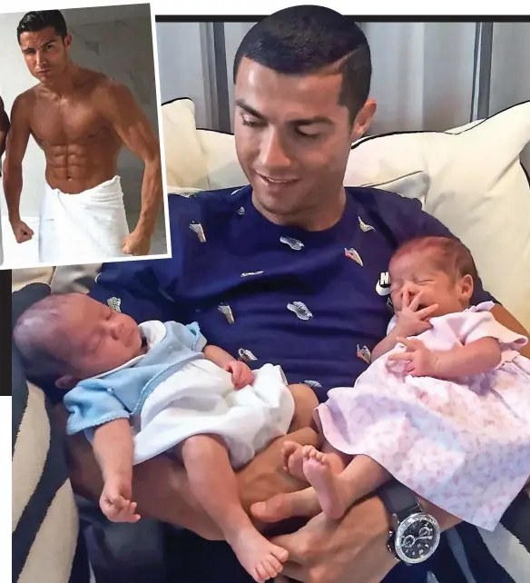  ??  ?? Hat-trick: Ronaldo cradles his twins, Mateo (left) and Eva Maria, who joined their new big brother, Cristiano Jr (inset with dad)