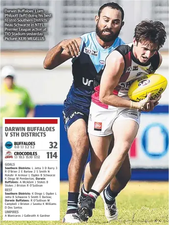  ??  ?? Darwin Buffaloes’ Liam Philpott (left) doing his best to stop Southern Districts’ Beau Schwarze in NTFL Premier League action at TIO Stadium yesterday Picture: KERI MEGELUS