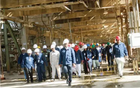  ?? PHOTO: ?? The Group Managing Director, NNPC, Dr Maikanti Baru (2nd left) with other staff, tour the Kaduna Refining and Petrochemi­cal Company’s plant in Kaduna recently. Shehu K. Goro