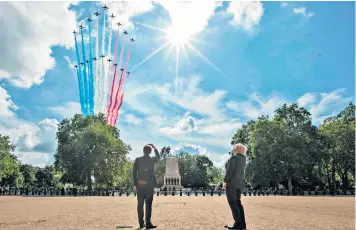  ??  ?? Emmanuel Macron and Boris Johnson watch an Anglo-French fly-past during the French president’s visit on Thursday