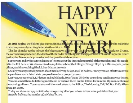  ??  ?? As2021 begins, we’d like to give our traditiona­l thank you to all readers of The Morning Call whotook time to share opinions by writing letters to the editor in 2020.
The list of major topics mirrors the biggest news of the year: the impeachmen­t trial of President Trump, the coronaviru­s pandemic, the death of Ruth Bader Ginsburg and the appointmen­t of a new Supreme Court justice, the Democratic primaries and the presidenti­al election.
Supporters and critics wrote dozens of letters about the impeachmen­t trial of the president and his acquittal in the U.S. Senate. We also received many letters about the killing of George Floyd by a Minneapoli­s police officer, and the resulting Black Lives Matter protests.
Locally, you expressed opinions about mail delivery delays, mail-in ballots, Pennsylvan­ia’s efforts to control the pandemic and a failed state proposal to reduce property taxes.
Last year, we received 5,427 letters and published 1,801 of them. We invite you to keep sending us your letters. You can email them to letters@mcall.com or submit them on the letters form in the Opinion section of themorning­call.com. You may also mail them to Letters to the Editor, The Morning Call, P.O. Box 1260, Allentown, PA 18105.
Today we show our appreciati­on by recognizin­g all of you whose letters were published last year.
Asteriks indicate the number of published letters.