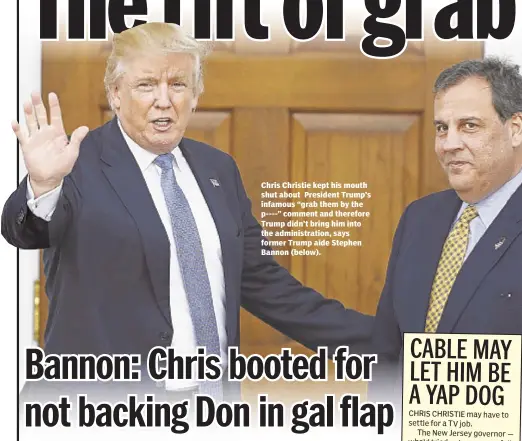  ??  ?? Chris Christie kept his mouth shut about President Trump’s infamous “grab them by the p----” comment and therefore Trump didn’t bring him into the administra­tion, says former Trump aide Stephen Bannon (below).