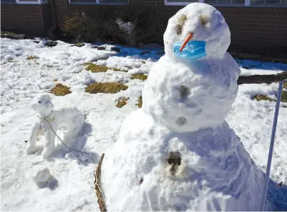  ?? The Sentinel-Record/Richard Rasmussen ?? Q
A masked snowman sits with its dog enjoying the sun on Friday.