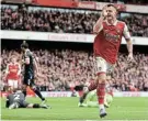  ?? Picture: RYAN PIERSE/GETTY IMAGES ?? TAKE THAT: Granit Xhaka celebrates scoring Arsenal’s third goal against Crystal Palace in London yesterday