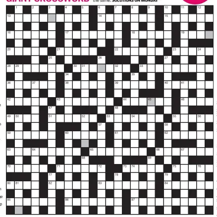  ?? FOR A CHANCE TO WIN £750: Solve crossword to reveal the word reading down the shaded boxes. HOW TO ENTER: Call 0901 293 6231 and leave six-letter answer and details, or TEXT 65700 with the word XWORD, your answer and name. Texts and calls cost £1 plus sta ??