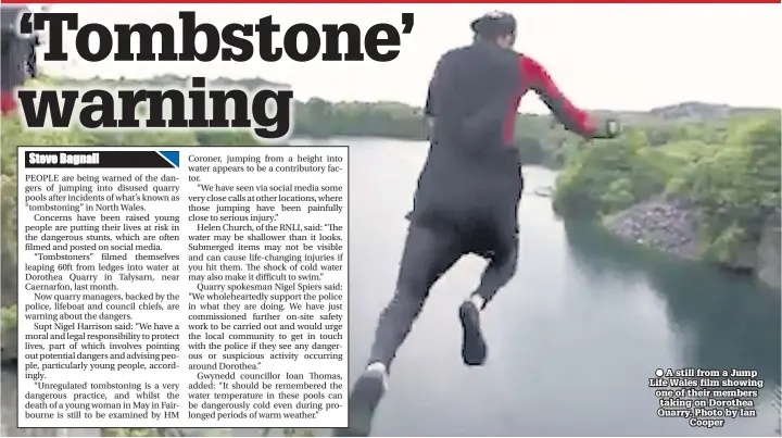  ??  ?? ● A still from a Jump Life Wales film showing one of their members taking on Dorothea Quarry. Photo by Ian Cooper