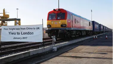  ?? ALAMY. ?? In January 2017, the first ever China-UK rail freight service operated. DB Cargo 92015 hauled the final leg of the train from Calais to Barking via HS1. Could more trains of lorry trailers come through the Channel Tunnel and run via HS2 if the planned link with HS1 were to be reinstated?