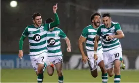  ?? Photograph: Ryan Byrne/INPHO/REX/Shuttersto­ck ?? Shamrock Rovers celebrate after beating Ilves Tampere 12-11 on penalties to earn the Europa League tie against Milan.