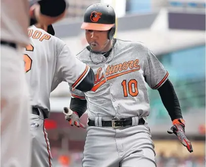  ?? RICHARD TSONG-TAATARII/TNS ?? The Orioles’ Adam Jones celebrates with Jonathan Schoop after hitting a three-run home run in the first inning, the first of his two homers during Sunday’s win. The Orioles have lost 36 of their past 56 games, but enter the All-Star break on a two-game...