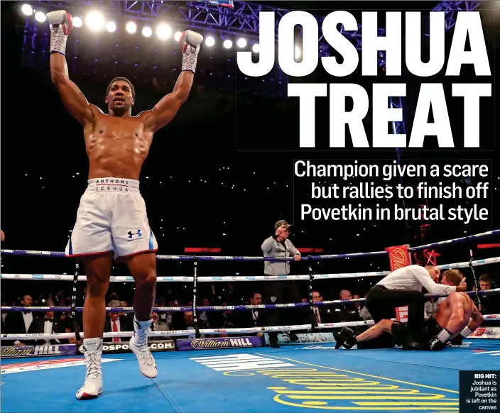  ??  ?? BIG HIT: Joshua is jubilant as Povetkin is left on the canvas