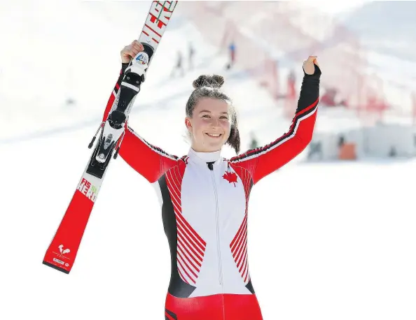  ?? — GETTY IMAGES ?? Gold medallist Mollie Jepsen of West Vancouver celebrates after winning the alpine skiing women’s super combined event in the standing category on Tuesday at the Pyeongchan­g 2018 Paralympic Games.