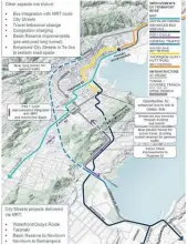  ?? ?? The long tunnel, as proposed in 2021 for Let’s Get Wellington Moving, is the dotted blue line.