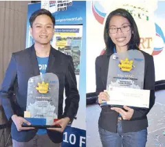  ??  ?? Nippon Paint Young Designers Award 2015 Gold winners from the University of Santo Tomas Jose Augustine Ricarte for Architectu­re category and Martha Joyce Tomas for Interior Design category.