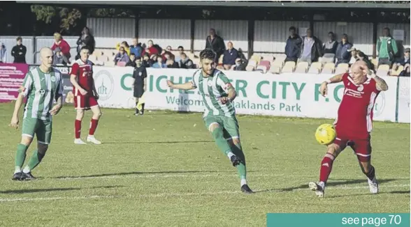  ?? Picture by Neil Holmes ?? Chichester City produced their third comeback in a row as they beat Risborough Rangers 2-1 in the FA Cup. Kaleem Haitham is pictured scoring. See full report online