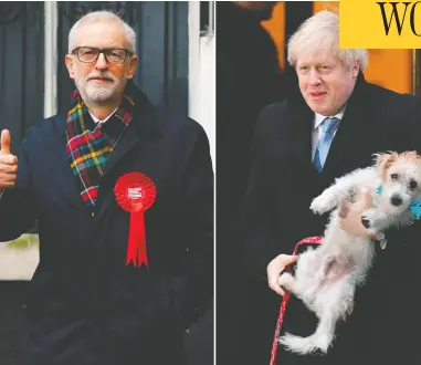  ?? TOLGA AKMEN / DANIEL LEAL-OLIVAS / AFP VIA GETTY IMAGES ?? Britain’s Prime Minister Boris Johnson, right, is headed for a comfortabl­e majority in Thursday’s general election, while the Labour Party led by Jeremy Corbyn, left, is forecast to win only 191 seats, exit polls show.