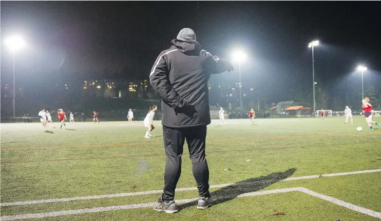  ?? GERRY KAHRMANN/PNG ?? Douglas College women’s soccer coach Chris Laxton says parents need to have realistic expectatio­ns about what ‘elite’ programs can do for their children.