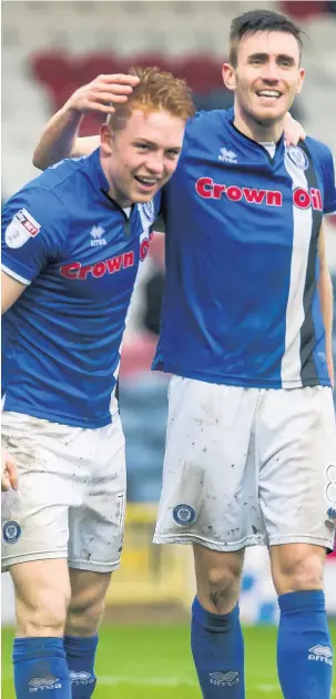  ?? Michal Karpiczenk­o ?? Callum Camps and Matt Lund celebrate the third goal