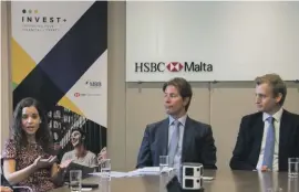  ??  ?? Project Manager Marija Elena Borg, left, describing INVEST+ in the presence of MBB President Simon De Cesare, centre, and HSBC Malta Foundation Chairman Andrew C. Beane, right.