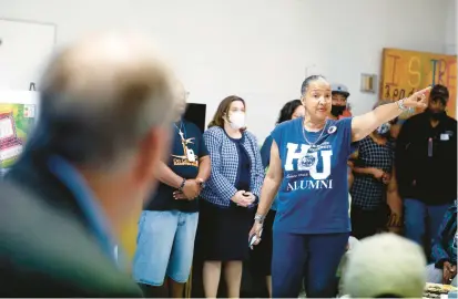  ?? JONATHON GRUENKE/STAFF ?? Hampton resident Joan Weaver speaks during a meeting with Hampton residents and NorthPoint Developmen­t spokesmen during a discussion of the possibilit­y of rezoning the site once used by the Virginia School for the Deaf, Blind and Multi-Disabled to industrial property during a meeting Monday evening.