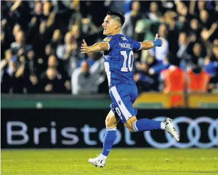  ?? Picture: Rogan Thomson ?? Tom Nichols celebrates scoring for Bristol Rovers in the Carabao Cup tie against Brighton