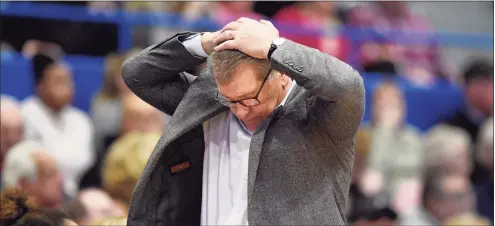  ?? Jessica Hill / Associated Press ?? UConn coach Geno Auriemma reacts during the second half against Baylor in January.