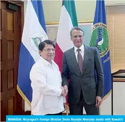  ??  ?? MANAGUA: Nicaragua’s Foreign Minister Denis Ronaldo Moncada meets with Kuwait’s Ambassador to Mexico and non-resident in Nicaragua Metib Saleh Al-Mutotah. —KUNA