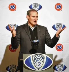  ?? IMAGE OF SPORT / ASSOCIATED PRESS ?? Pac-12 Commission­er Larry Scott, who has tested positive for COVID-19, said the decision to eliminate nonconfere­nce games across several sports will delay the fall sports season’s start date.
