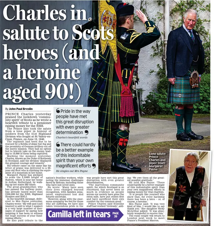  ??  ?? Lone salute: Prince Charles and piper. Inset: Margaret Payne