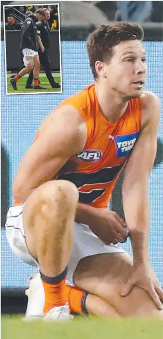  ??  ?? Toby Greene after injuring his shoulder in the Giants’ loss to Richmond and, inset, Harry Perryman leaves the field. Pictures: Getty Images