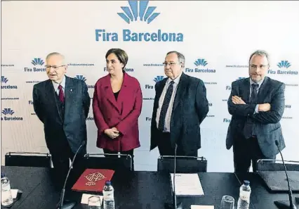  ?? XAVIER GÓMEZ ?? Miquel Valls (Cambra), Ada Colau (alcaldesa de Barcelona), Josep Lluís Bonet y Constatí Serrallong­a (Fira)