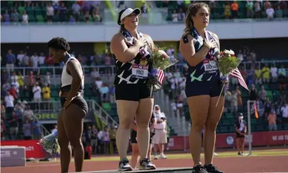  ?? Photograph: Charlie Riedel/AP ?? Gwen Berry during her protest at the US Olympic trials in 2021.