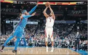  ?? ARCHIVES] ?? Chris Paul shoots over Carmelo Anthony during a game between the Rockets and Thunder at Chesapeake Energy Arena on March 6, 2018. [BRYAN TERRY/ THE OKLAHOMAN