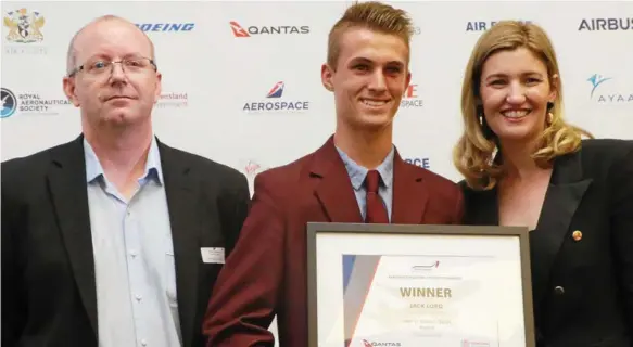  ?? Photo: Contribute­d ?? FLYING HIGH: Celebratin­g the Year 11 Qantas Quest Award are (from left) Qantas representa­tive Paul Crawford, award winner Jack Lord from Oakey State High School and Minister Shannon Fentiman.
