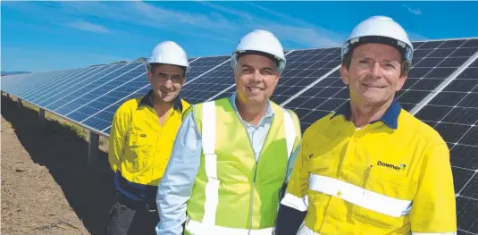  ?? RAY OF HOPE: Ross River Solar Farm operations project director Lyndon Frearson and Thuringowa MP Aaron Harper with Downer project director Mark Bouton at the site of the project in Kelso. ??