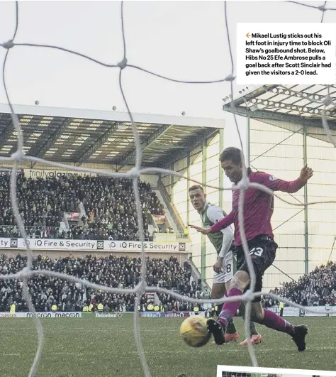  ??  ?? 2 Mikael Lustig sticks out his left foot in injury time to block Oli Shaw’s goalbound shot. Below, Hibs No 25 Efe Ambrose pulls a goal back after Scott Sinclair had given the visitors a 2-0 lead.