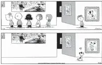  ?? ?? A “Peanuts” cartoon by Charles M. Schulz in 1999showin­g kids at a museum with one off on the side, gazing at a painting of the dog Earl from “Mutts,” top, and an upcoming “Mutts” cartoon by Patrick McDonnell showing Earl at the museum fondly looking at a framed image of Snoopy.