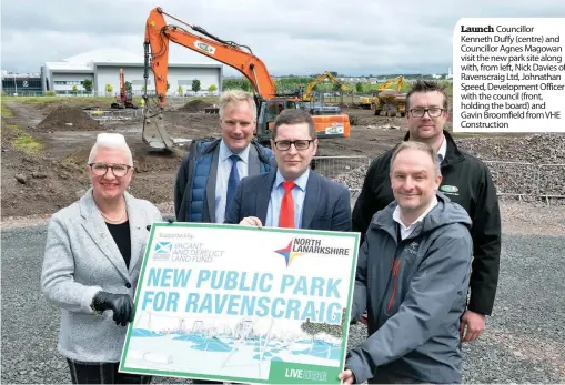  ??  ?? Launch Councillor Kenneth Duffy (centre) and Councillor Agnes Magowan visit the new park site along with, from left, Nick Davies of Ravenscrai­g Ltd, Johnathan Speed, Developmen­t Officer with the council (front, holding the board) and Gavin Broomfield from VHE Constructi­on