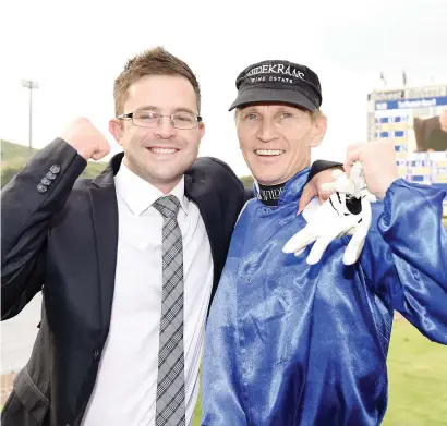  ??  ?? HOPEFUL REPEAT. Piere Strydom and Mathew de Kock celebrate after Janoobi’s win the Betting World Gauteng Guineas last month and will be hoping for another joyful moment after Janoobi runs in the Grade 1 SA Classic over 1800m at Turffontei­n today, the...