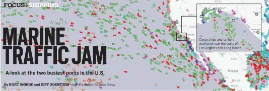  ?? Southern California News Group ?? By KURT SNIBBE and JEFF GOERTZEN
The images above were captured Wednesday from MarineTraf­fic.com, the world’s leading provider of ship tracking informatio­n and maritime intelligen­ce. Red images are tankers, green are cargo ships, pink are pleasure craft and orange are fishing vessels.