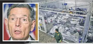  ??  ?? ‘CRISIS’: Sen. John Barrasso (inset) says he refused to delete photos of migrants, as instructed by officials at the border, as underage crossers flood over from Mexico.