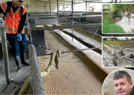  ?? ?? Stored waste in a disused piggery building, above, awaits disposal on the farm of Kenneth McIntyre, right, who has been sentenced to home detention for environmen­tal offending. Waste contaminan­t, top right, pooled in a tributary stream, and an irrigator, centre right, sits in a paddock.