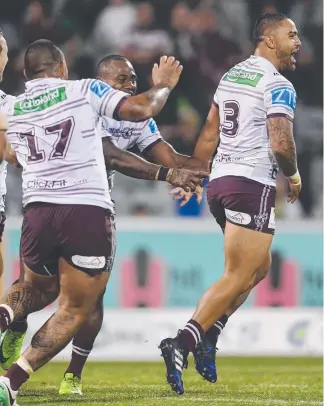  ?? Picture: AAP ?? Dylan Walker of the Sea Eagles celebrates after kicking the winning goal during last night’s match against the Canberra Raiders at GIO Stadium in Canberra.