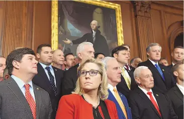  ?? MATT MCCLAIN/THE WASHINGTON POST ?? Rep. Liz Cheney, R-Wyo., shown at an October 2019 news conference at the U.S. Capitol, on Wednesday lost her position as chair of the House Republican Conference.