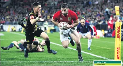  ?? PHOTO: GETTY IMAGES ?? Tommy gunning it . . . Hurricanes first fiveeighth Otere Black is powerless to stop British and Irish Lions winger Tommy Seymour from scoring his team’s third try at Westpac Stadium in Wellington last night.