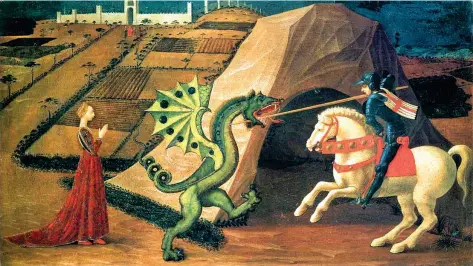  ??  ?? San Giorgio e il drago di Paolo Uccello (1397-1475), Musée Jacquemart-andré, Parigi. San Giorgio è un simbolo del nazionalis­mo inglese, ma anche russo