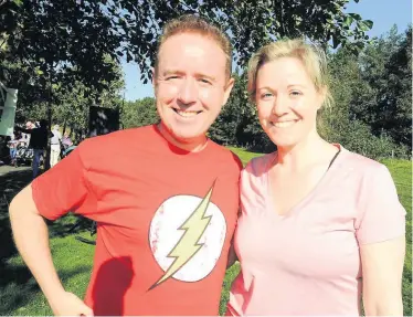  ??  ?? Comic king Mark, pictured with wife Lucy, is“buzzing”about the King of Spies project