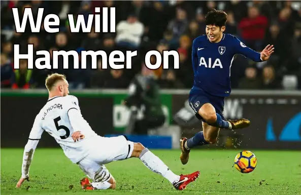  ??  ?? Catching some air: Tottenham’s Son Heung-min (right) trying to evade a tackle from Swansea’s Mike van der Hoorn during the Premier League match at the Liberty Stadium on Tuesday. — AFP