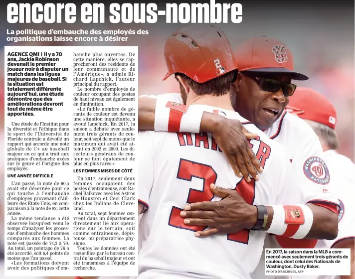  ?? PHOTO D'ARCHIVES, AFP ?? En 2017, la saison dans la MLB a commencé avec seulement trois gérants de couleur, dont celui des Nationals de Washington, Dusty Baker.